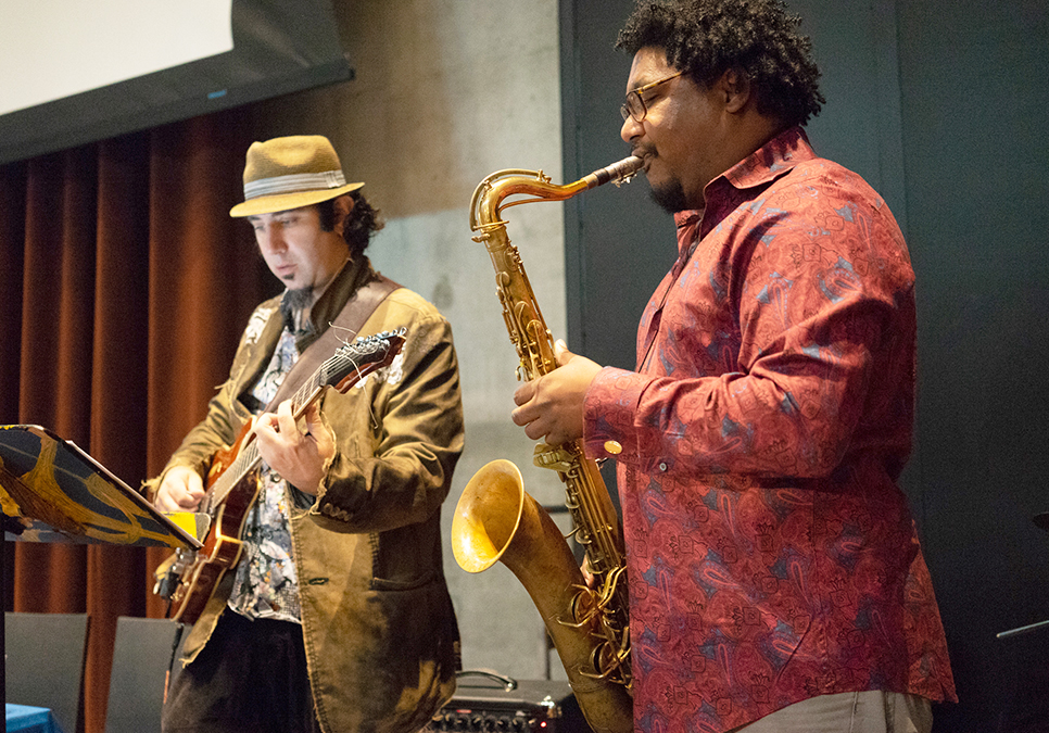 Musicians performing in the Microsoft auditorium at the Central Library