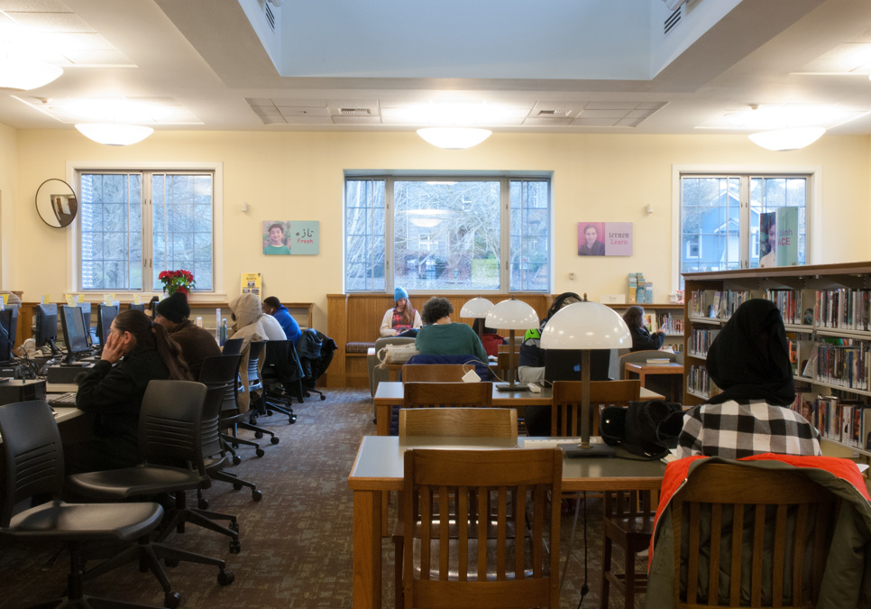 Library patrons in seating area at the Columbia Branch