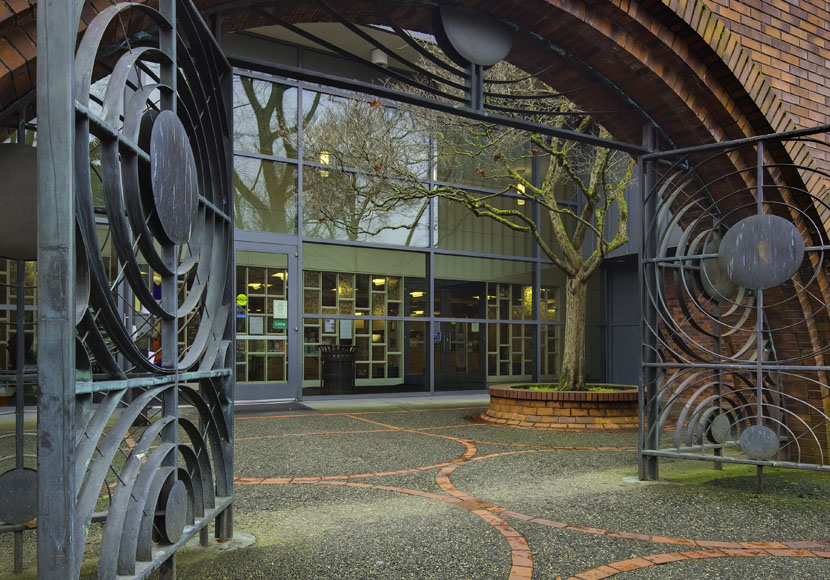 Exterior view of bronze gate by George Tsutakawa at the Lake City Branch