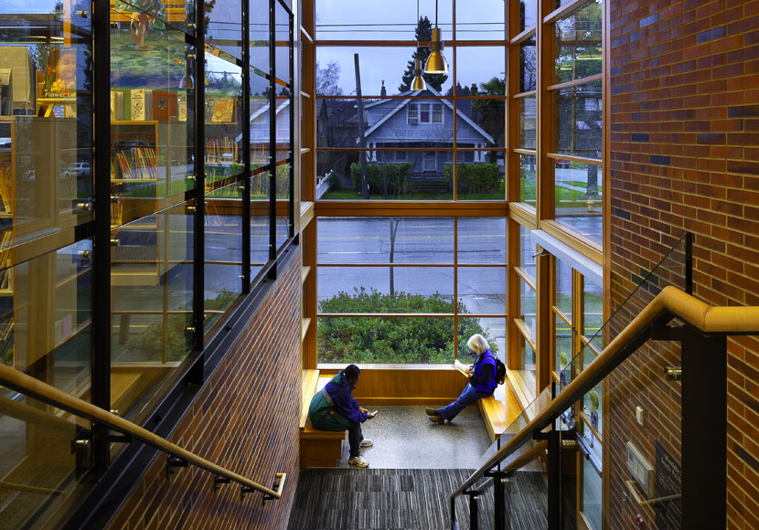 Interior view of the vertical glass entry on 24th Avenue East