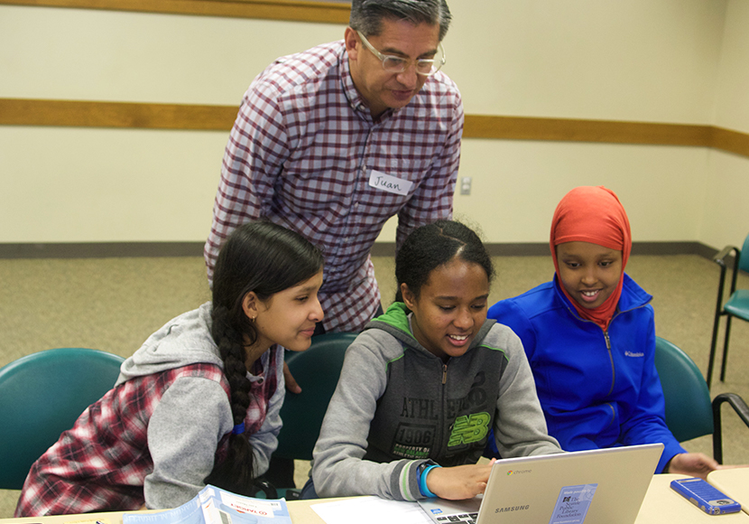 teen patrons with instructor at story'hood program